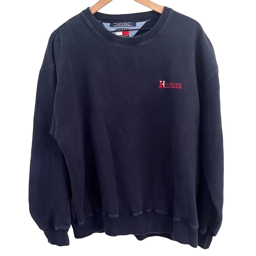 Vintage Mens Tommy Hilfiger Sweater XL Navy Pullover Spellout Crewneck